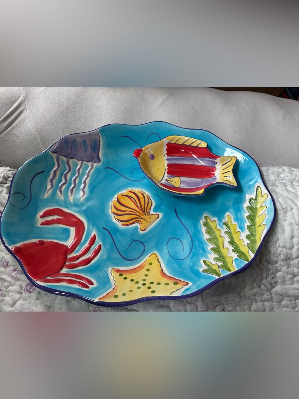 Hand-Painted Blue Ocean Ceramic Serving Platter with Fish-Shaped Dish.